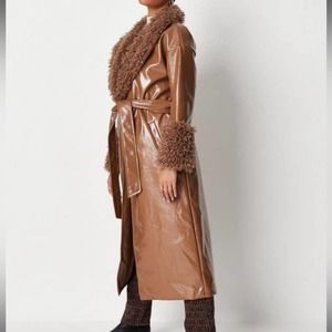 Missguided 4 small brown tan vinyl and faux fur trench jacket pockets